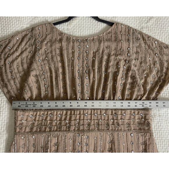 NWT Mac Duggal Dress 14 Beaded Rhinestone Column Mocha Tan Embellished Midi Glam - Picture 15 of 16